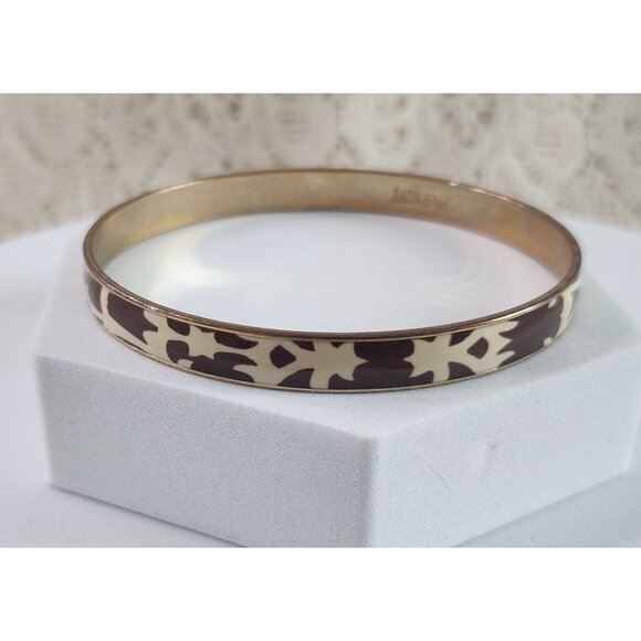 EUC J.Crew Enamel Cream & Brown Pattern Gold-Tone Bangle Bracelet - Picture 2 of 5